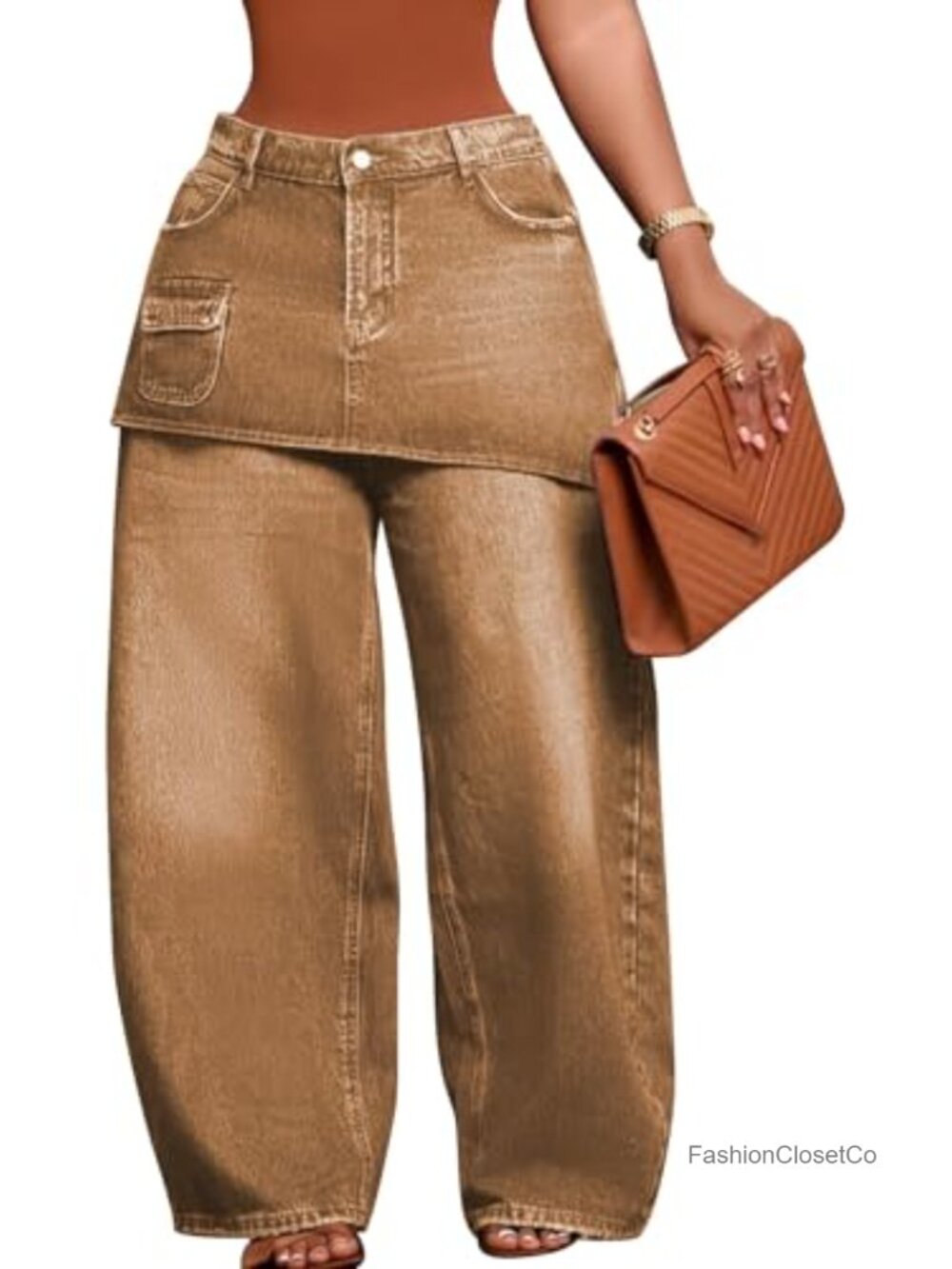 Women's Baggy Cargo Jeans High Rise Wide Leg Skirt Overlay Pants with Pockets